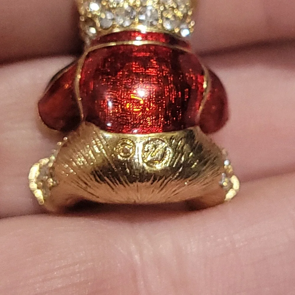 Savvy Swarovski Limited Edition Crystal Gold Tone Teddy Bear Pendant Red Enamel